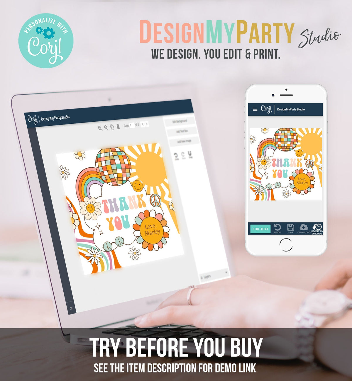 Editable Retro Favor Tags 1st 2nd Groovy Birthday Thank you Tags Flower Power Sticker 70s Floral Hippie Smiley Template Corjl PRINTABLE 0459