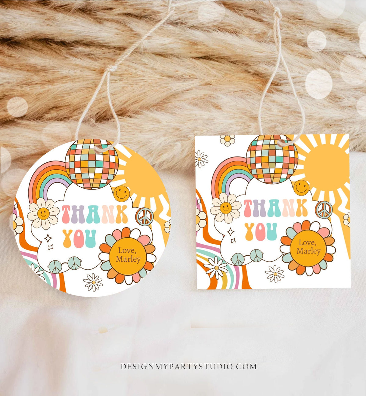 Editable Retro Favor Tags 1st 2nd Groovy Birthday Thank you Tags Flower Power Sticker 70s Floral Hippie Smiley Template Corjl PRINTABLE 0459