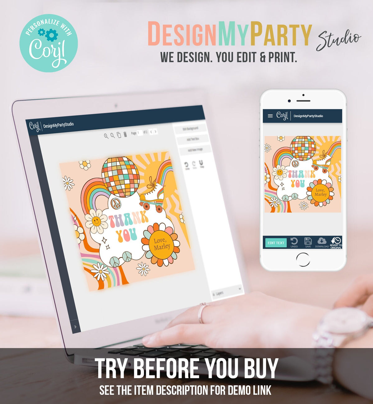 Editable Roller Skating Favor Tag Roller Skate Birthday Thank You Sticker Girl Retro Skate Party Download Printable Corjl Template 0459