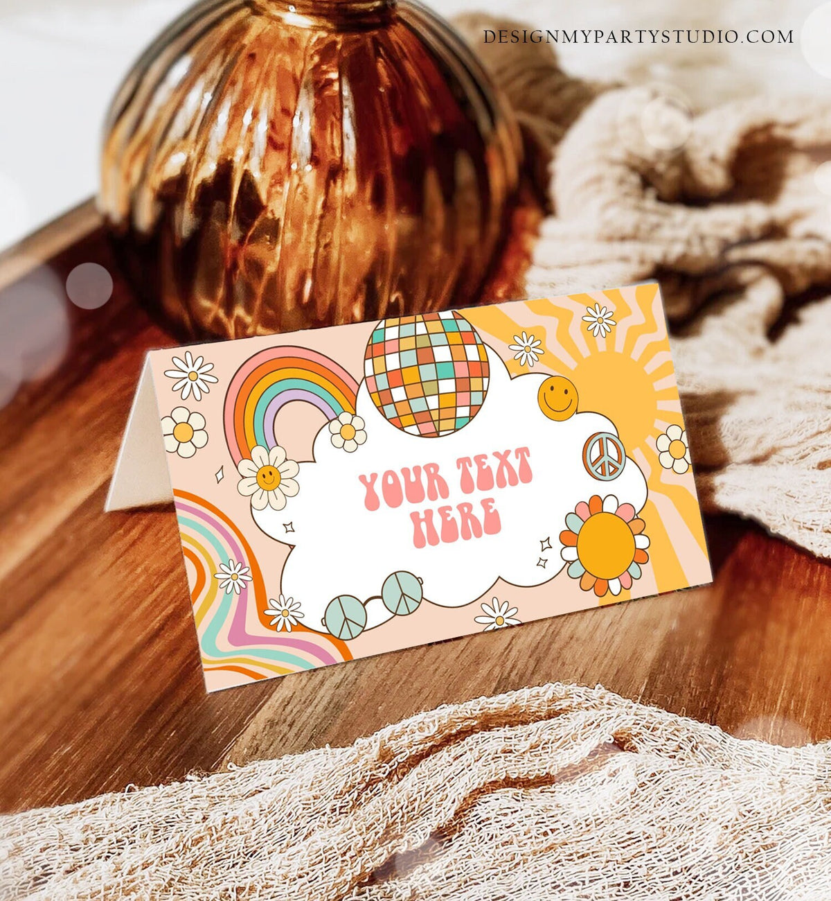 Editable Groovy Food Labels Retro Flower Power 70's Groovy Birthday Place Card Tent Card Folded Smiley Vibes Printable Template Corjl 0459