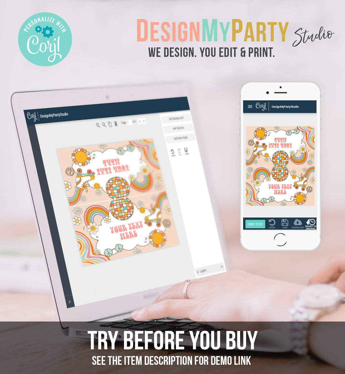 Editable Roller Skate Food Labels Roller Skate Birthday Place Card Tent Card Girl Retro Skating Groovy Decor Digital Corjl Template 0459