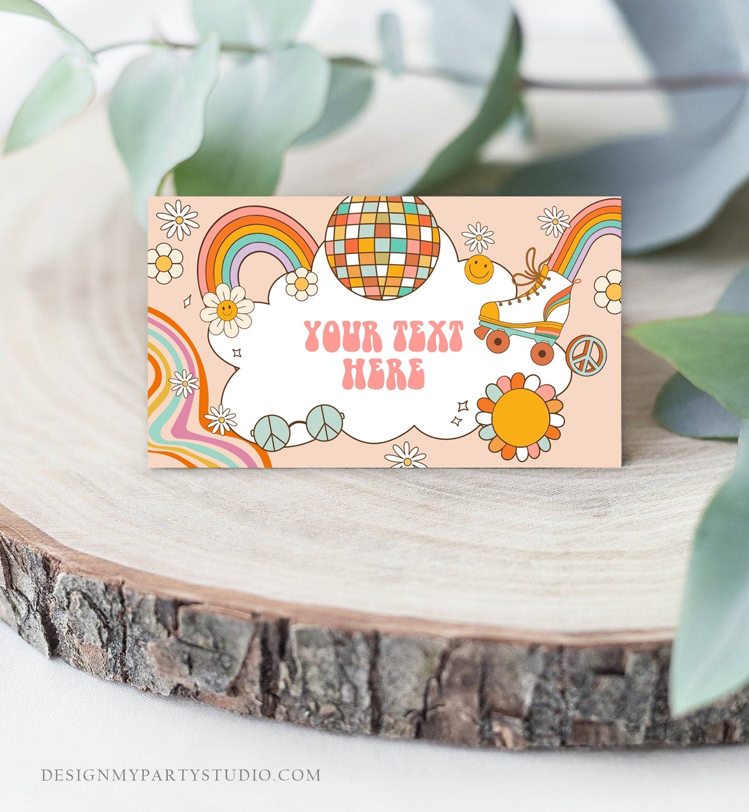 Editable Roller Skate Food Labels Roller Skate Birthday Place Card Tent Card Girl Retro Skating Groovy Decor Digital Corjl Template 0459