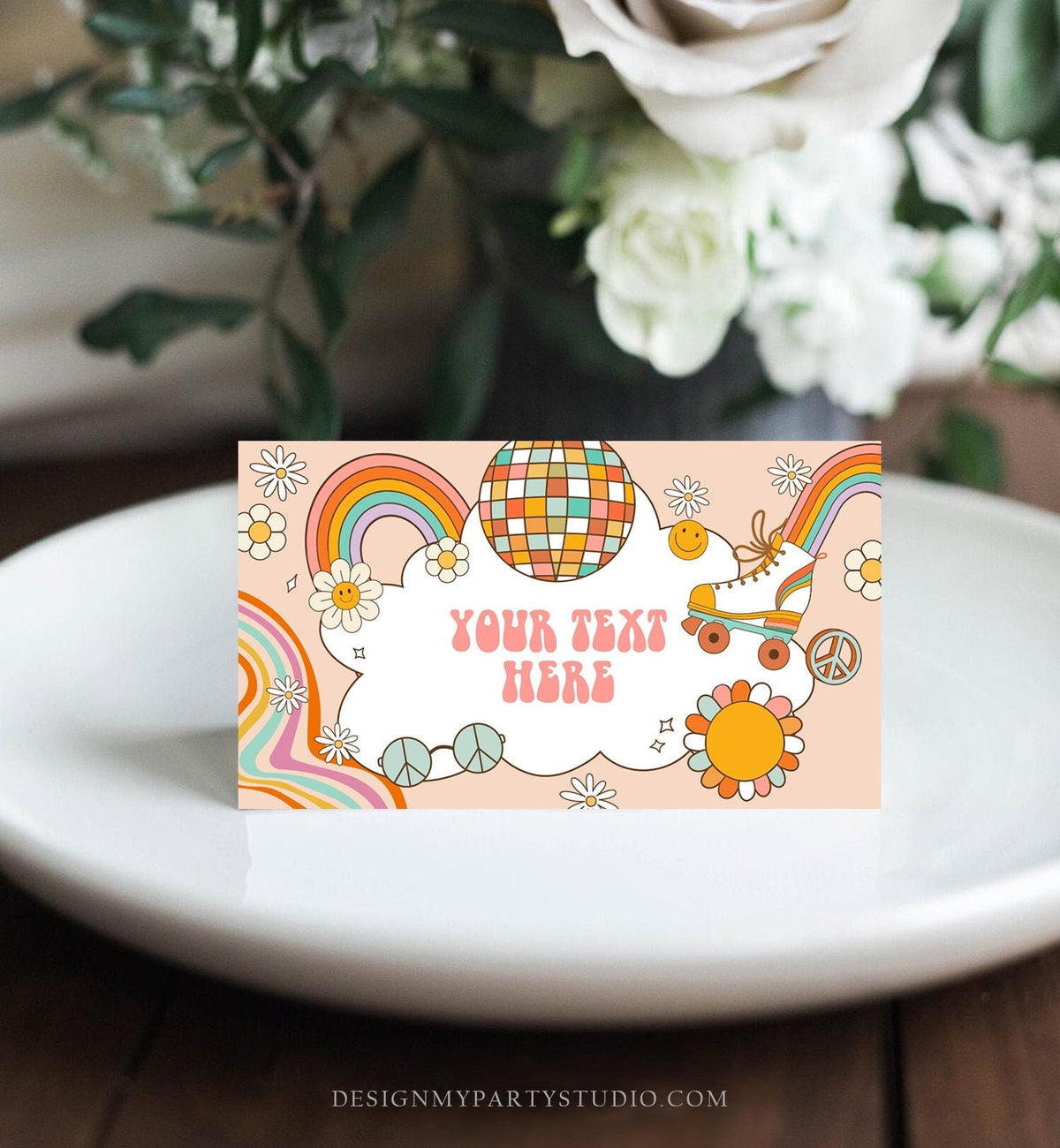 Editable Roller Skate Food Labels Roller Skate Birthday Place Card Tent Card Girl Retro Skating Groovy Decor Digital Corjl Template 0459