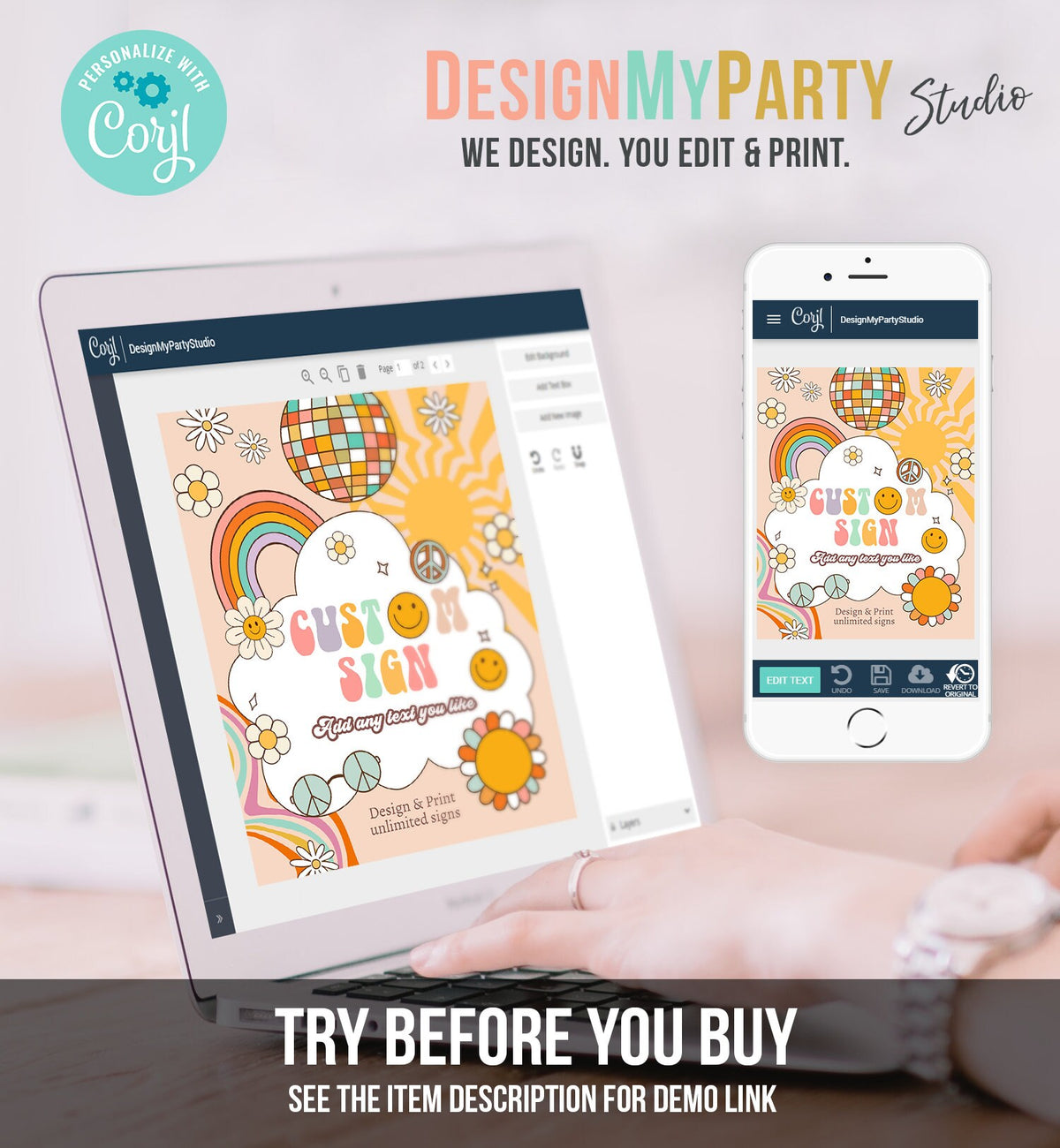 Editable Custom Sign Retro Groovy Birthday Party One Groovy Babe Party Decor Flower Power Hippie 70s 8x10 Download PRINTABLE Corjl 0459