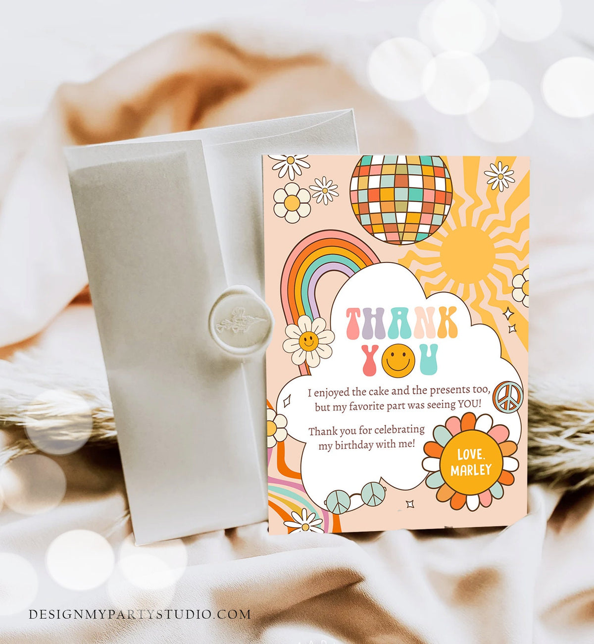 Editable Groovy Birthday Thank You Card Groovy Party One Groovy Babe Rainbow Retro Two Groovy Download Printable Template Corjl Digital 0459