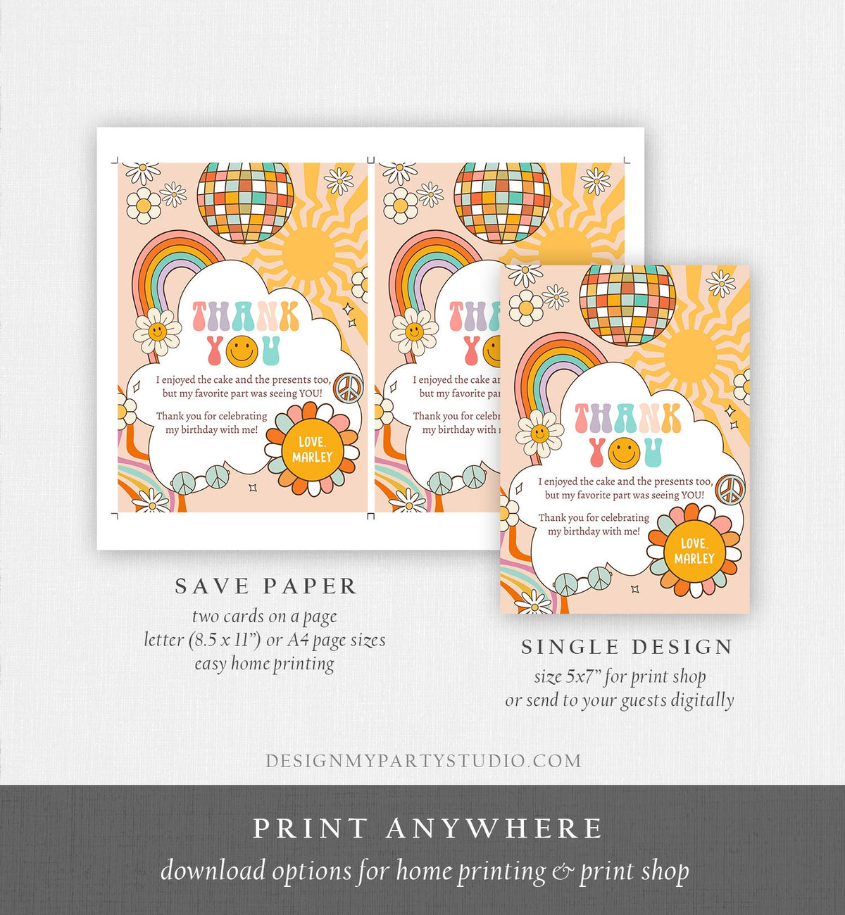 Editable Groovy Birthday Thank You Card Groovy Party One Groovy Babe Rainbow Retro Two Groovy Download Printable Template Corjl Digital 0459