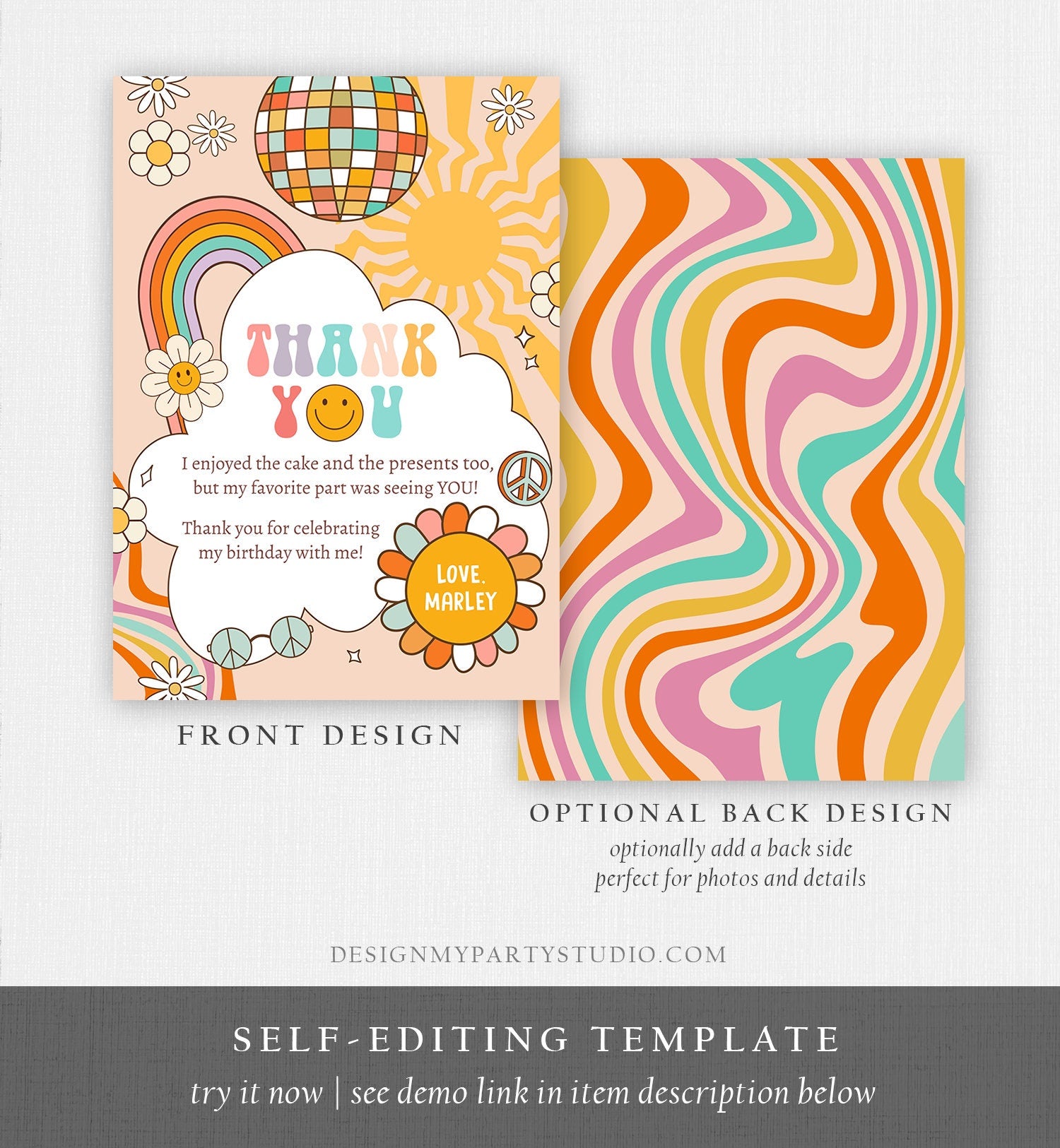 Editable Groovy Birthday Thank You Card Groovy Party One Groovy Babe Rainbow Retro Two Groovy Download Printable Template Corjl Digital 0459
