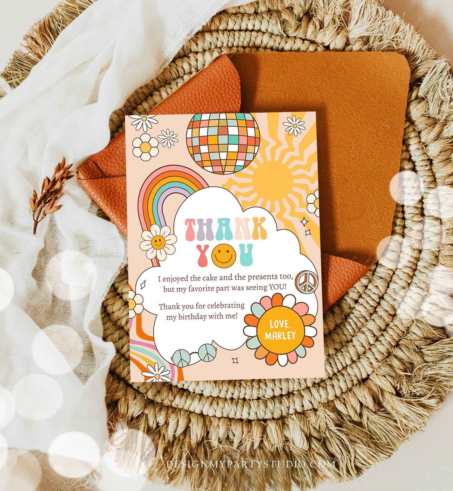 Editable Groovy Birthday Thank You Card Groovy Party One Groovy Babe Rainbow Retro Two Groovy Download Printable Template Corjl Digital 0459