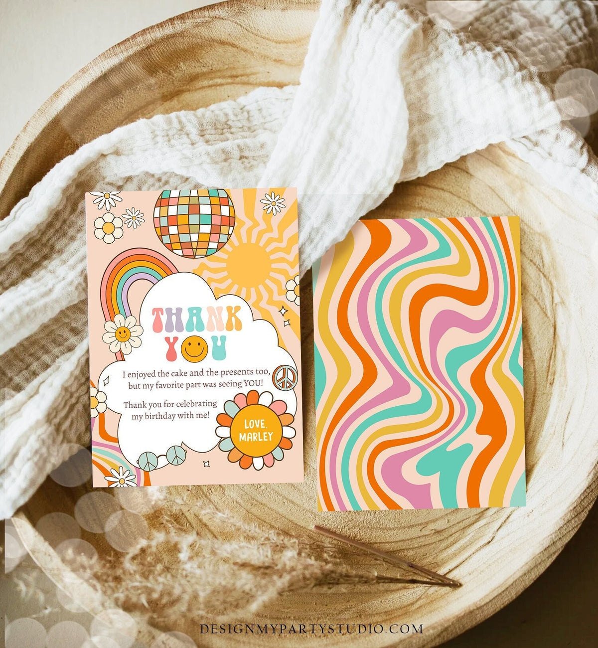 Editable Groovy Birthday Thank You Card Groovy Party One Groovy Babe Rainbow Retro Two Groovy Download Printable Template Corjl Digital 0459