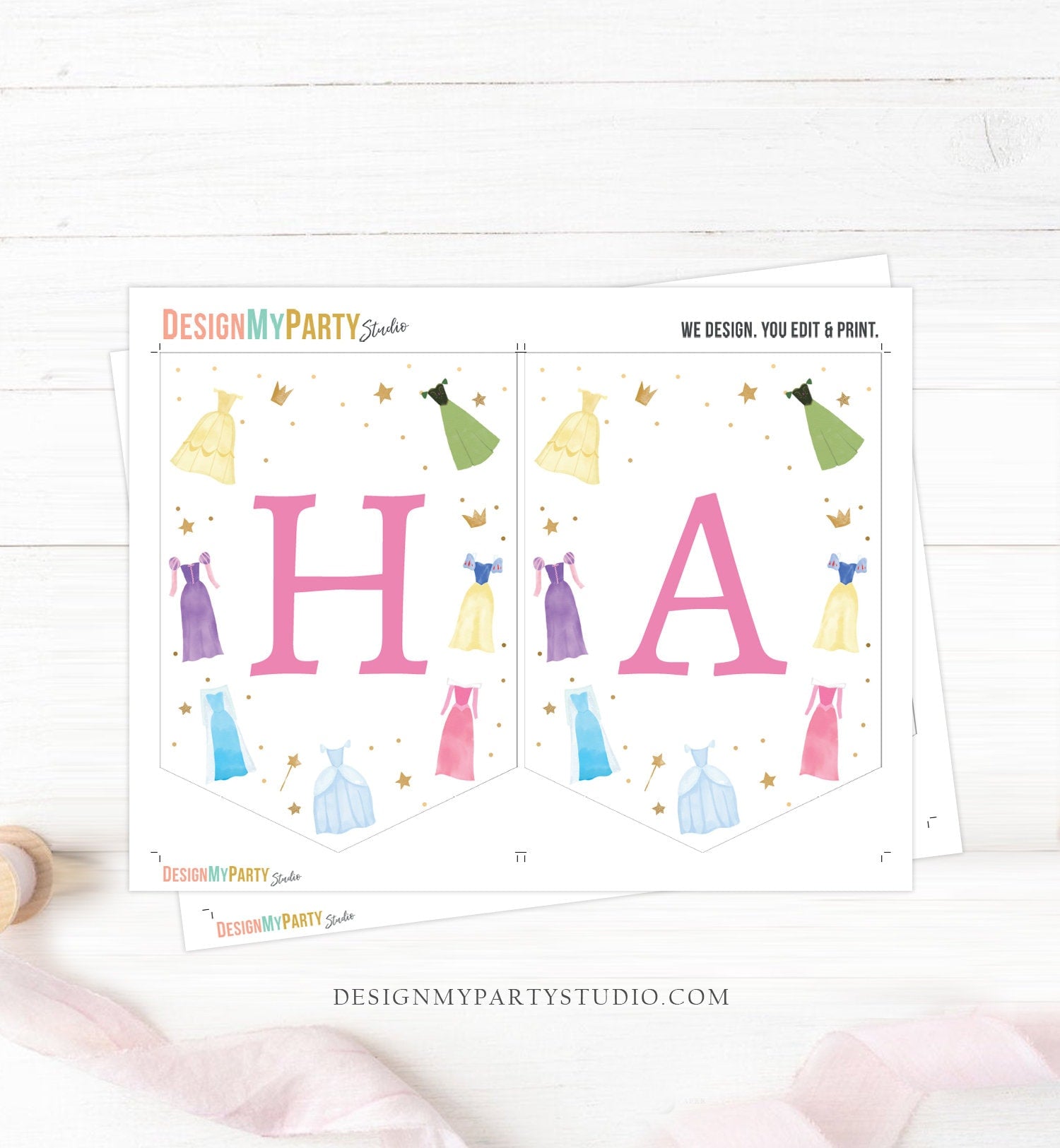 Happy Birthday Banner Princess Dresses Pin Birthday Banner Girl Princess Royal Birthday Decor Instant Download PRINTABLE DIGITAL DIY 0462