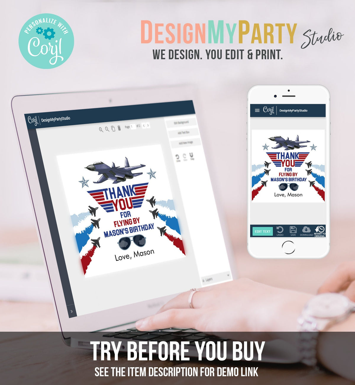 Editable Fighter Pilot Favor Tags Birthday Thank You Tag Fighter Jet Pilot 1st One Boy Military Jet Airplane Sticker Boy Corjl Template 0469