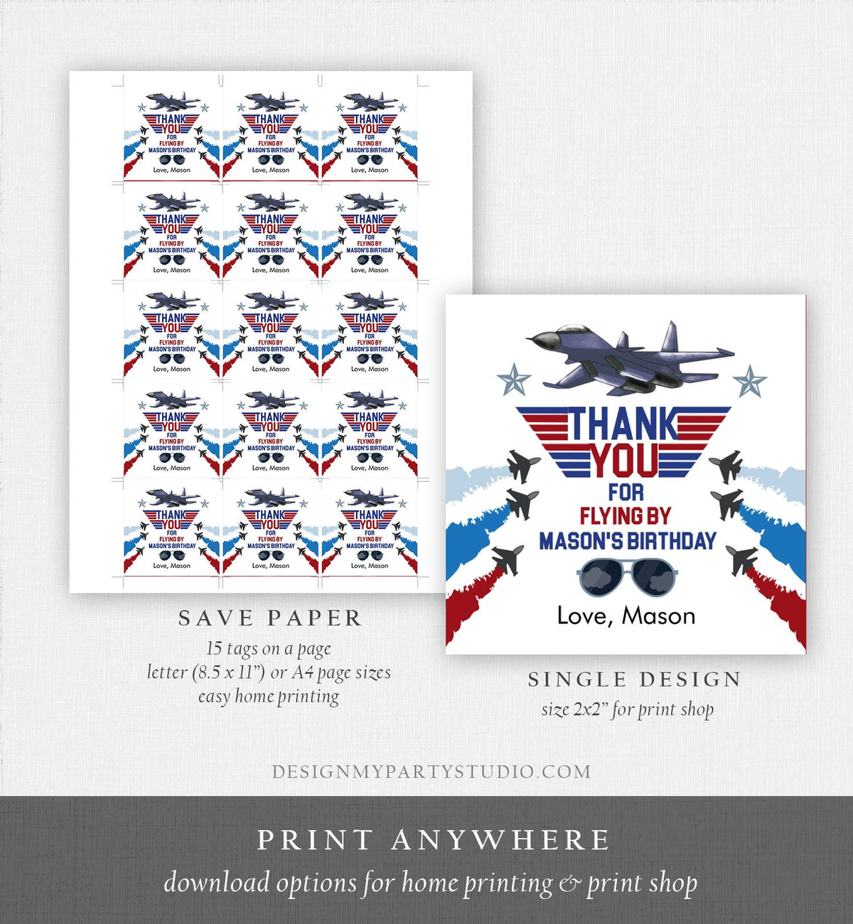 Editable Fighter Pilot Favor Tags Birthday Thank You Tag Fighter Jet Pilot 1st One Boy Military Jet Airplane Sticker Boy Corjl Template 0469