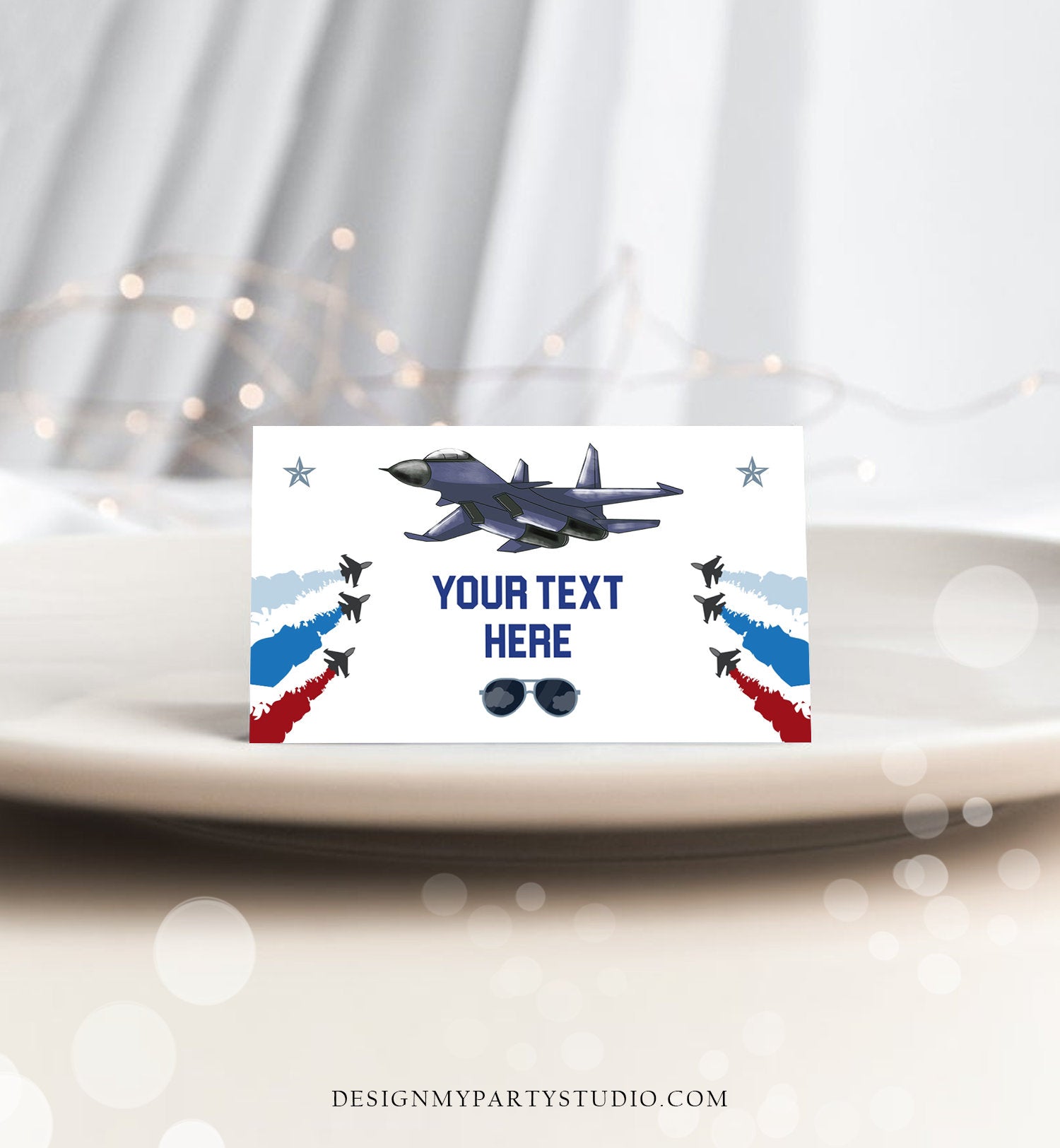 Editable Airplane Food Labels Fighter Pilot Birthday Party Place Card Tent Card Top one Boy Aircraft Military Jet Corjl Template 0469