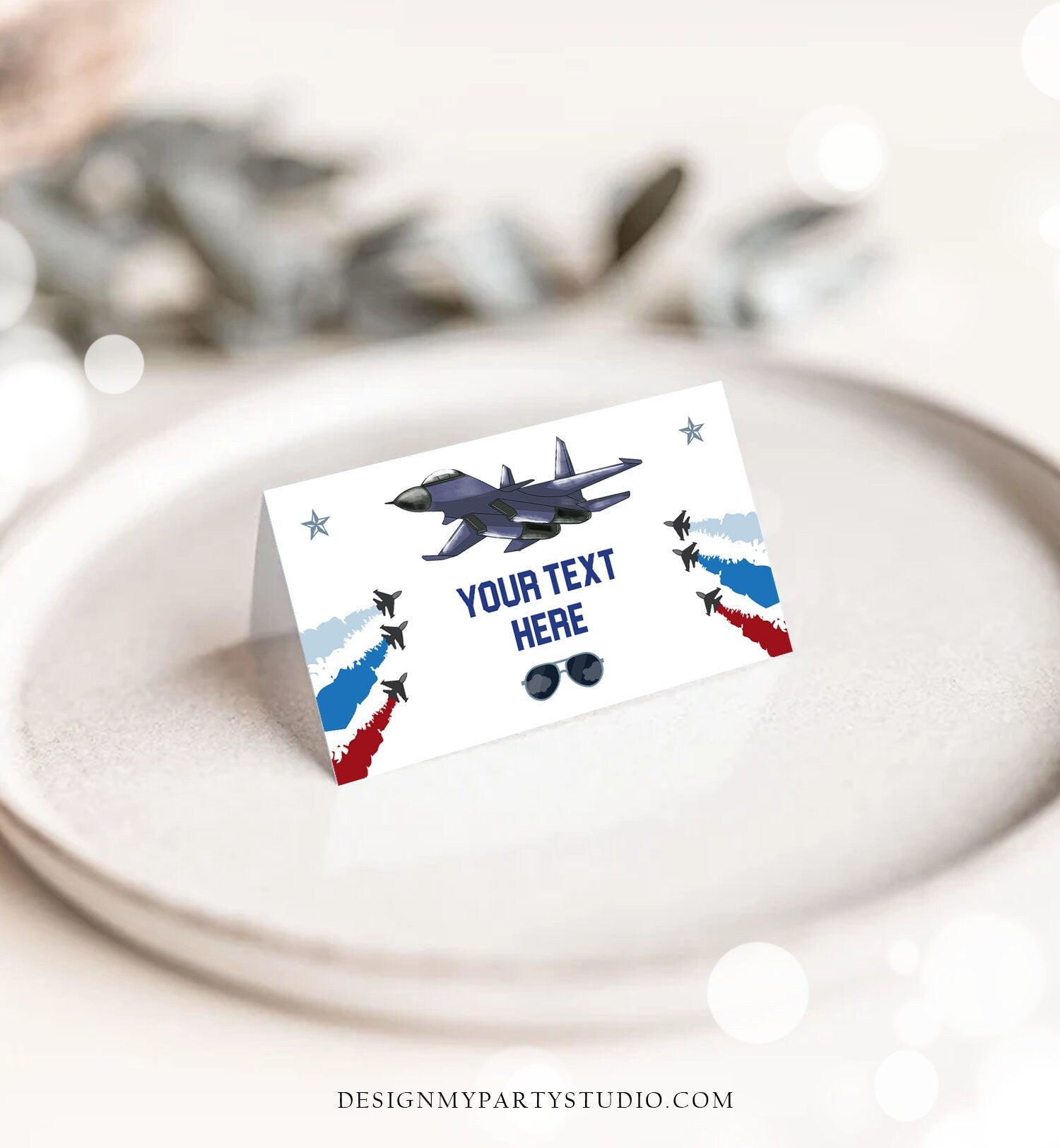 Editable Airplane Food Labels Fighter Pilot Birthday Party Place Card Tent Card Top one Boy Aircraft Military Jet Corjl Template 0469