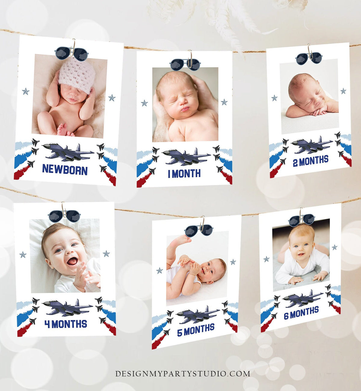 Editable First Year Photo Banner Fighter Pilot Monthly Pictures Banner 1st Birthday Boy Top One Airplane Aviator Decor Corjl Template 0469