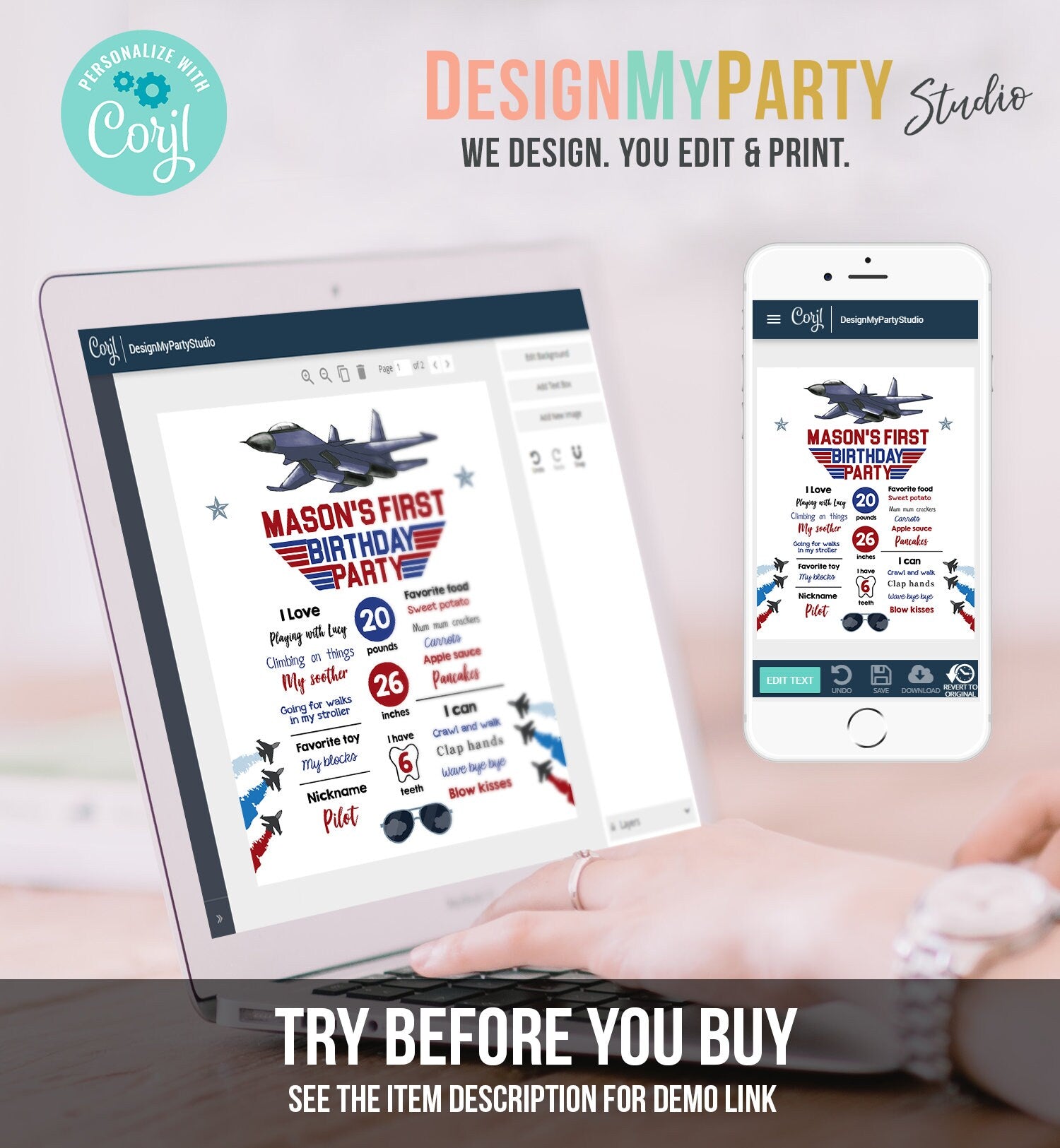Editable Airplane Birthday Milestones Sign Aircraft Sky First Birthday Boy 1st Fighter Pilot Aviator Jet Template Printable Corjl 0469