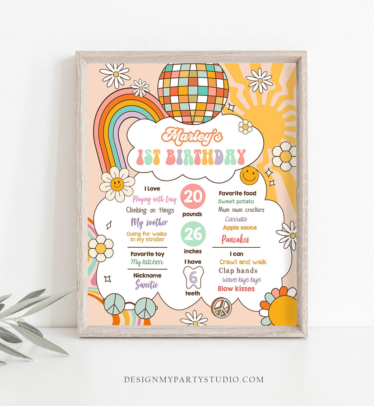 Editable Groovy Birthday Milestones Sign Girl Retro Birthday Rainbow Hippie Flower Power 70's Sun 1st Party Template Printable Corjl 0459