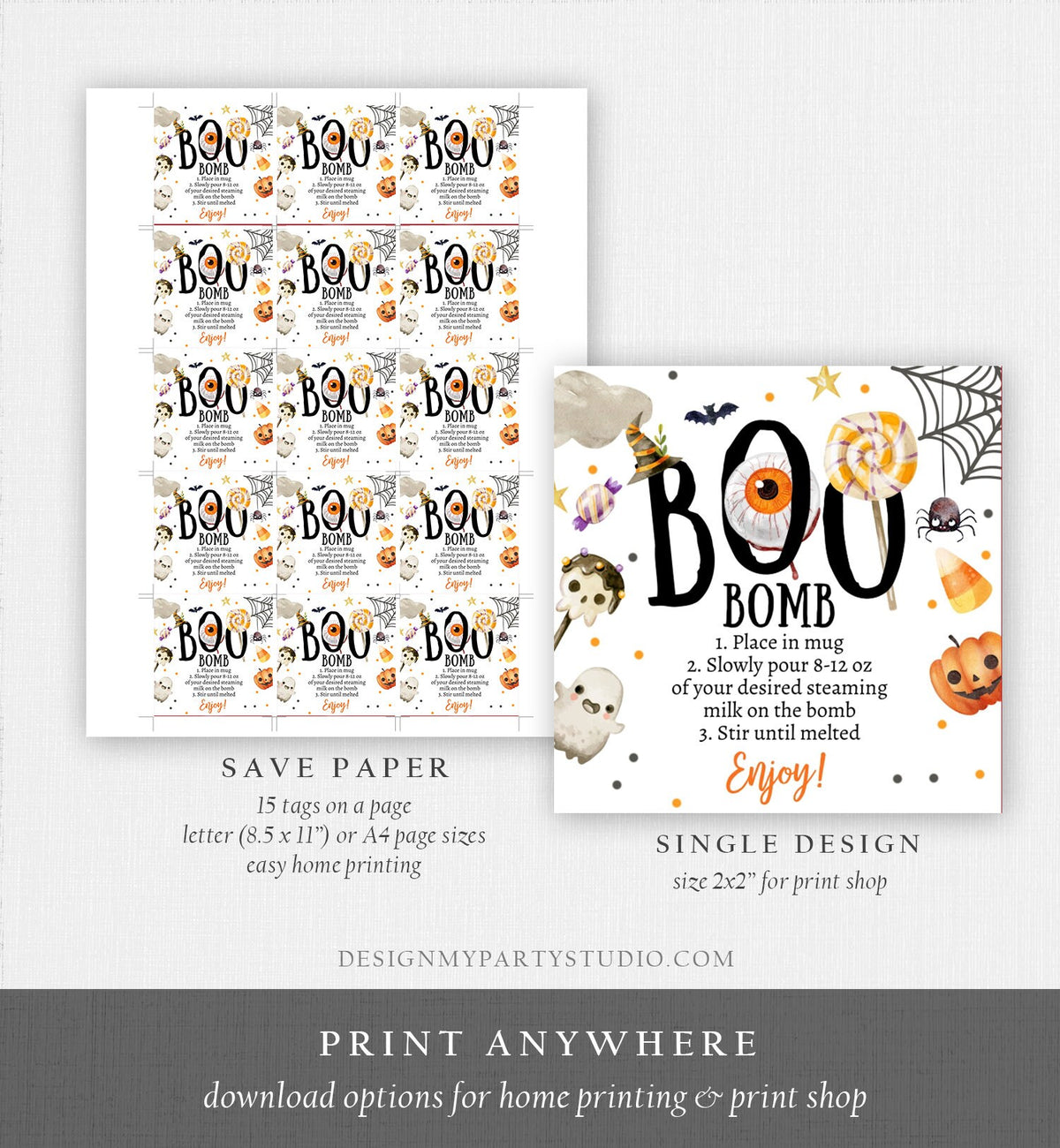 Editable Halloween Hot Chocolate Bomb Tags Bomb Instructions Boo Bomb Halloween Treat Gift Tag Hot Cocoa Tag Ghost Digital PRINTABLE 0261