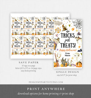 Editable Halloween Gift Tag No Tricks Just Treats Halloween Treat Tag Trick Or Treat Favor Tags Kids Download Template Corjl 0261 0475