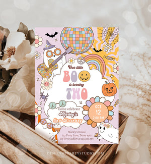 Editable Groovy Halloween 2nd Birthday Invitation Pink Ghost Party Girl Boo Spooktacular Spooky Party Download Printable Template Corjl 0471