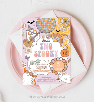Editable Groovy Halloween Two Spooky Birthday Invitation Pink Ghost Party Girl Boo Spooktacular Party Download Printable Template Corjl 0471