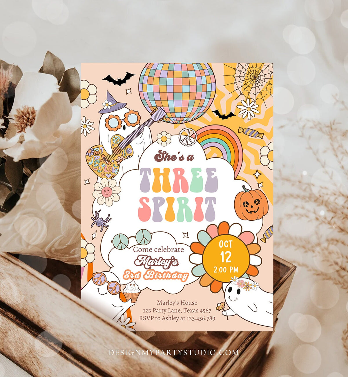 Editable Groovy Halloween Three Spirit Birthday Invitation 3rd Pink Ghost Party Girl Boo Spooktacular Download Printable Template Corjl 0471