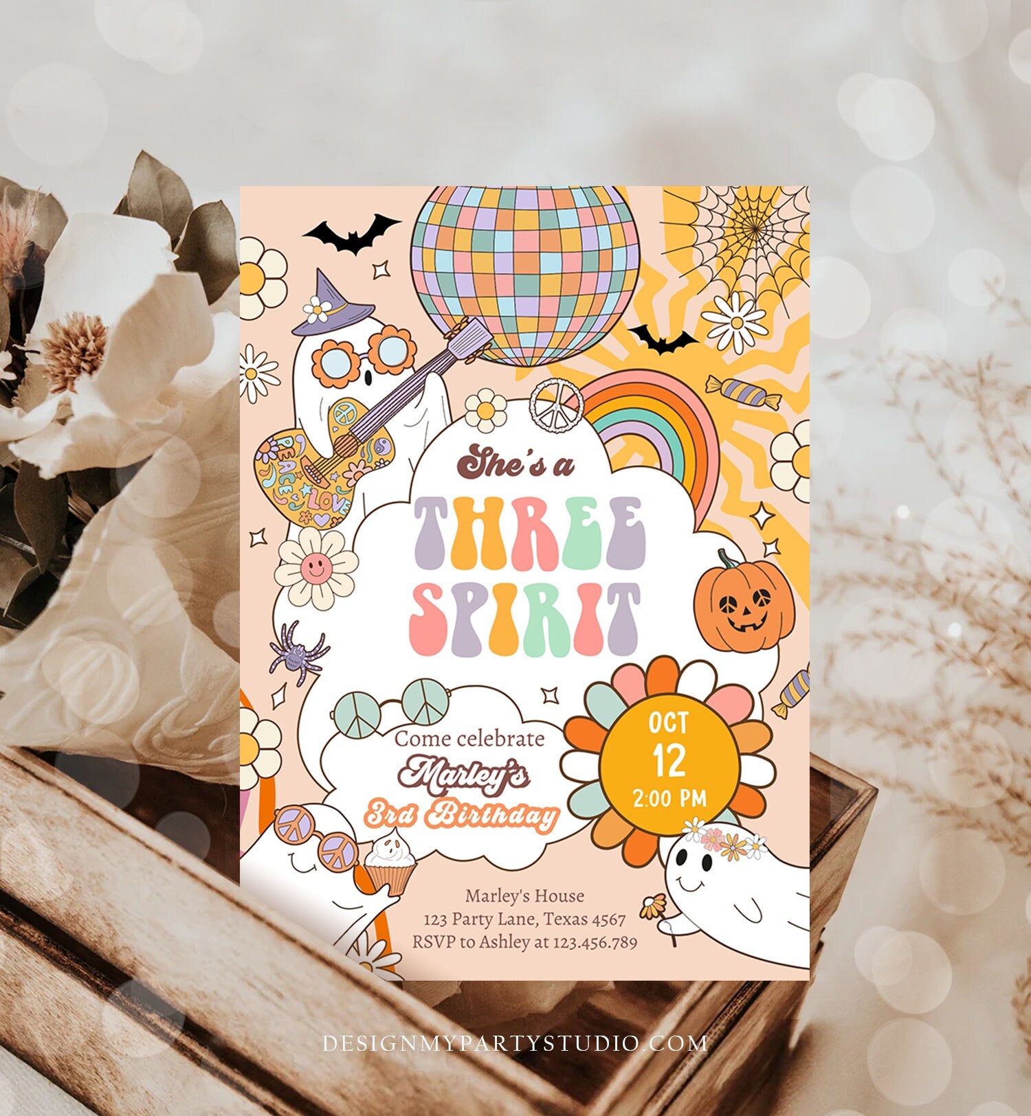 Editable Groovy Halloween Three Spirit Birthday Invitation 3rd Pink Ghost Party Girl Boo Spooktacular Download Printable Template Corjl 0471