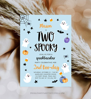 Editable Halloween Birthday Invitation 2nd Boy Blue Ghost Costume Party Kids Two Spooky Party Download Printable Template Corjl 0009 0418