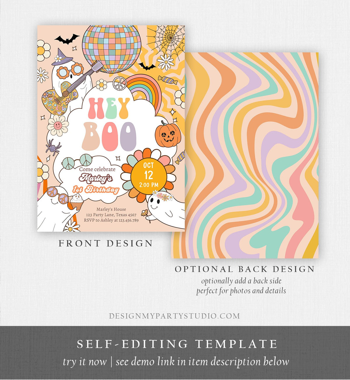 Editable Hey Boo Groovy Halloween Birthday Invitation Pink Ghost Party Girl Boo Spooktacular Download Printable Template Corjl 0009 0471