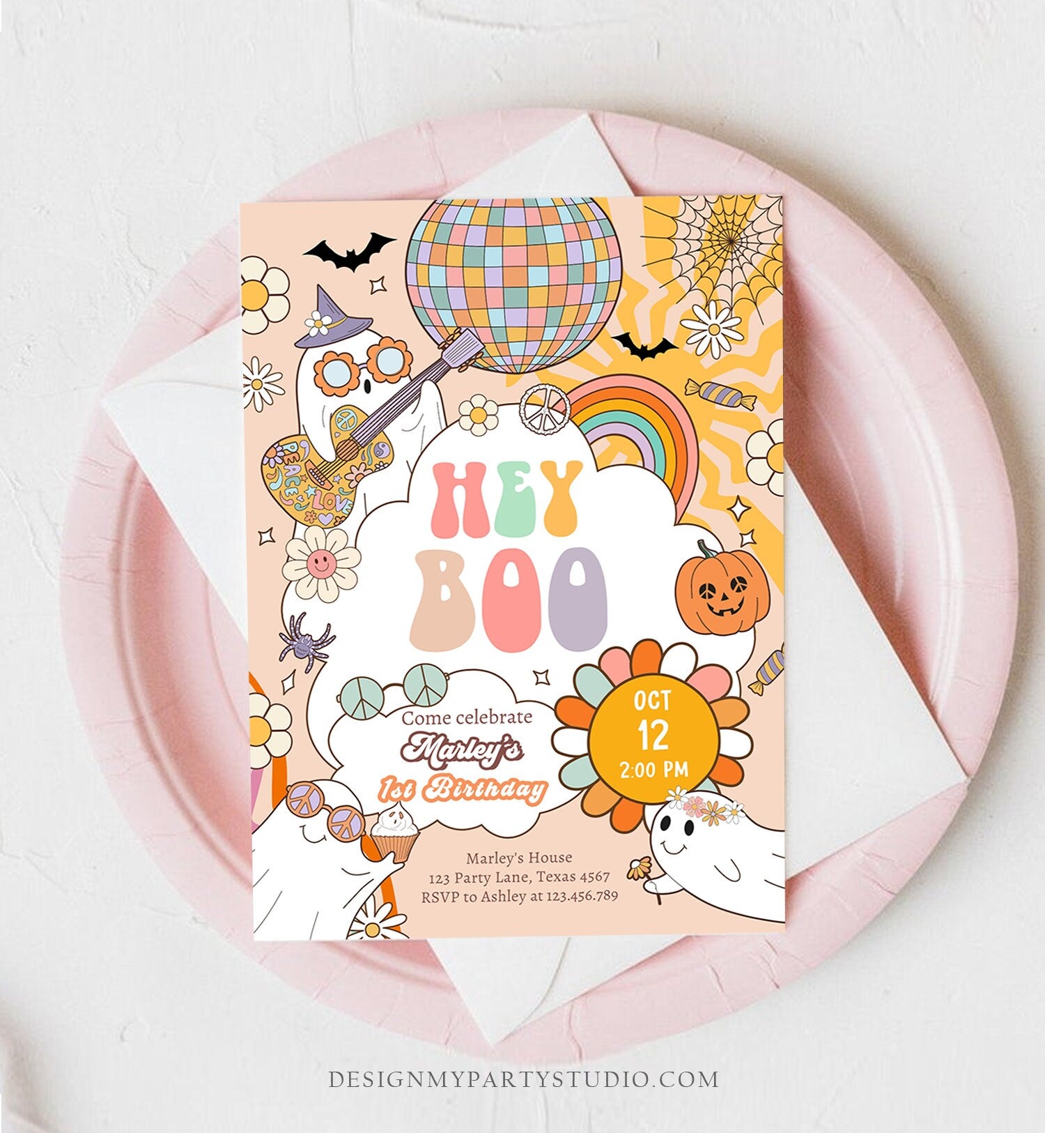 Editable Hey Boo Groovy Halloween Birthday Invitation Pink Ghost Party Girl Boo Spooktacular Download Printable Template Corjl 0009 0471