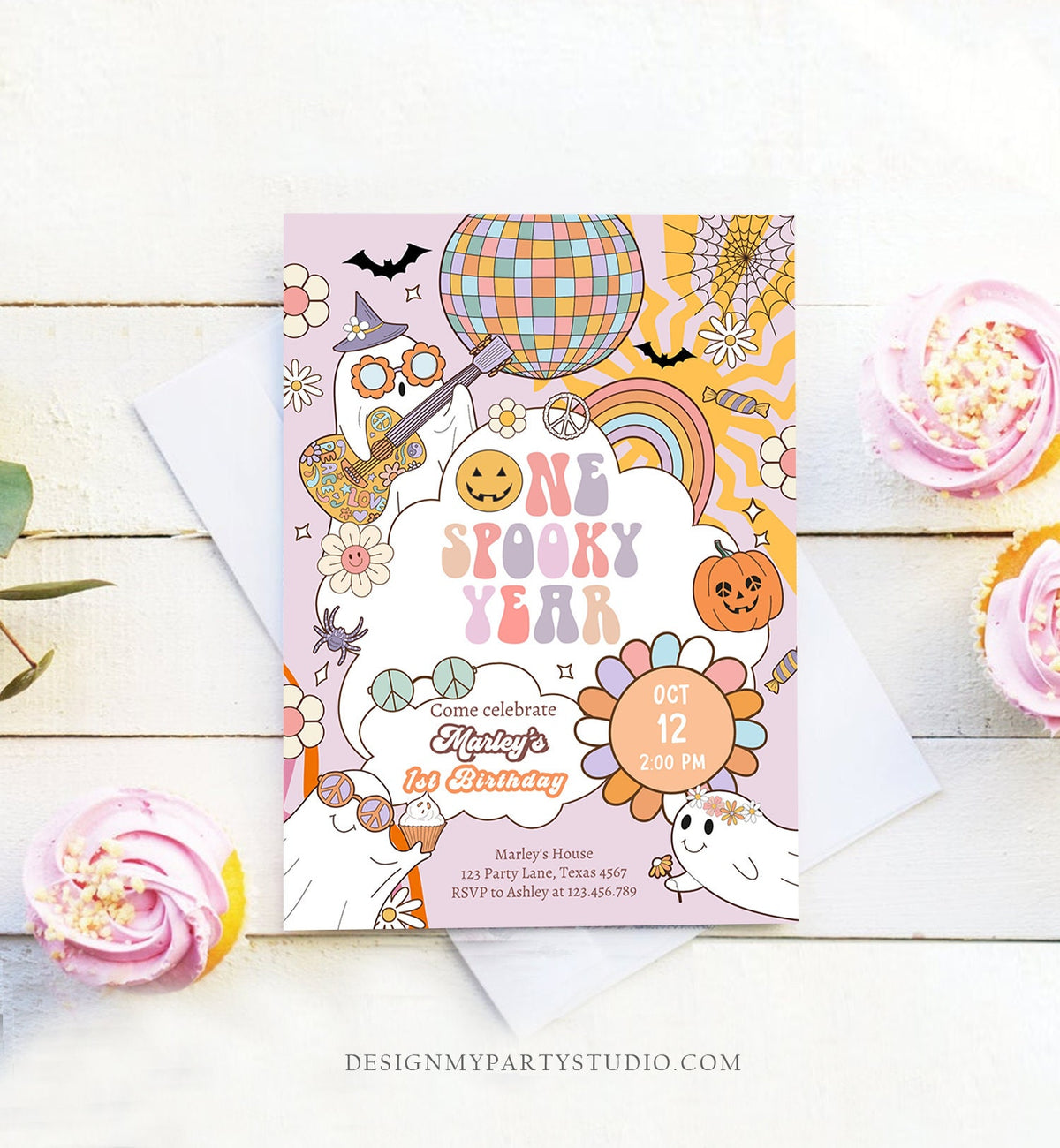 Editable One Spooky Ghoul Groovy Halloween 1st Birthday Invitation Pink Ghost Girl Spooktacular Download Printable Template Corjl 0009 0471