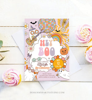 Editable Hey Boo Groovy Halloween Birthday Invitation Pink Ghost Party Girl Boo Spooktacular Download Printable Template Corjl 0009 0471