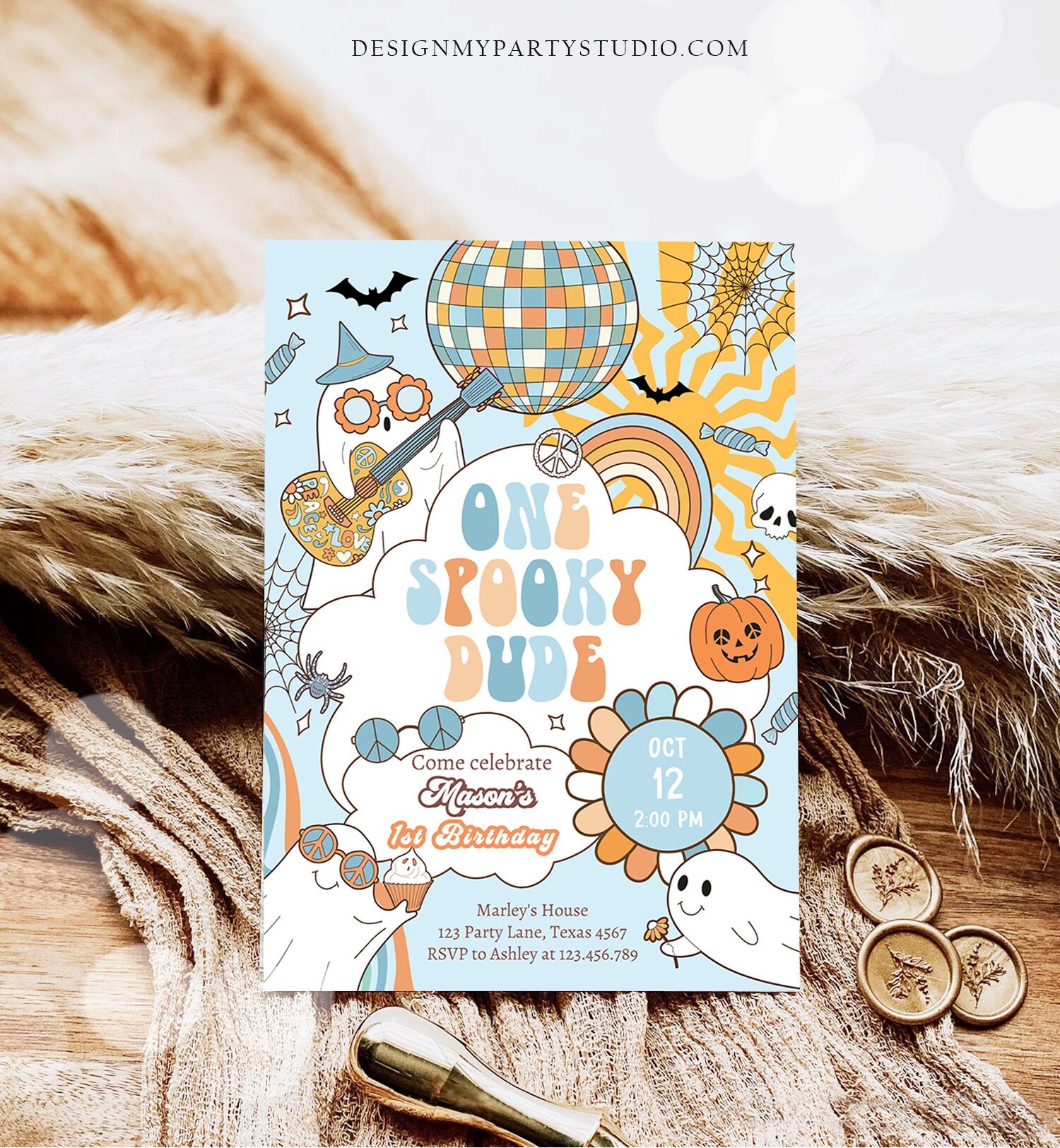 Editable One Spooky Dude Groovy Halloween 1st Birthday Invitation Boy Ghost Party Spooktacular Download Printable Template Corjl 0009 0471