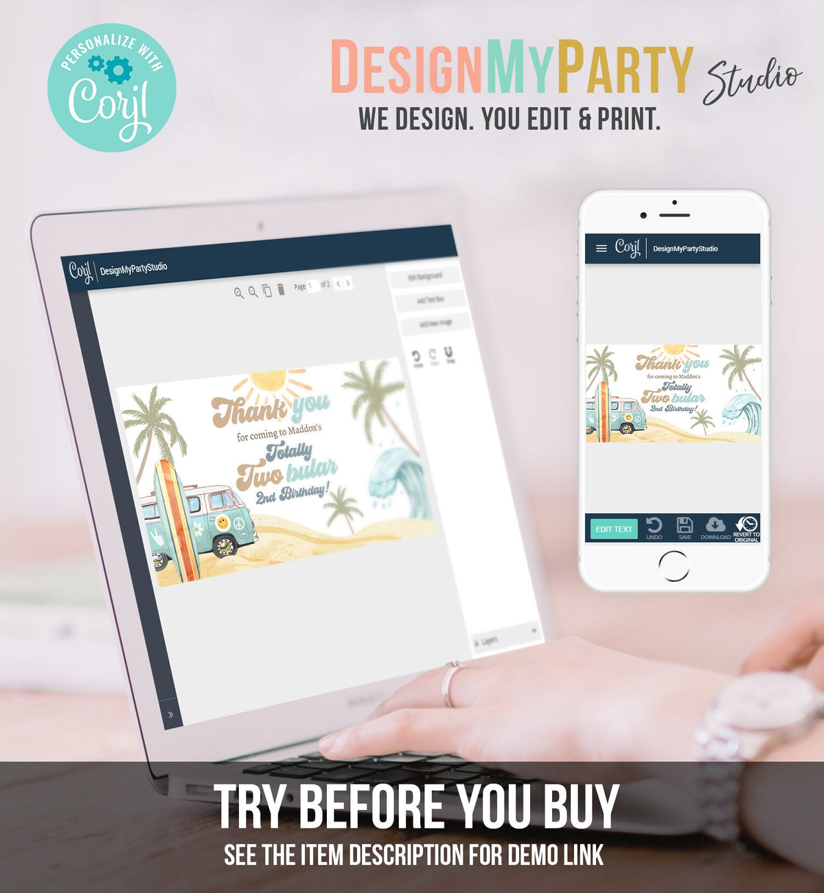 Editable Surf Gable Box Favor Label Surf Birthday Favor Box Label Boy Totally Twobular Retro Surfboard Digital Download Printable Corjl 0433