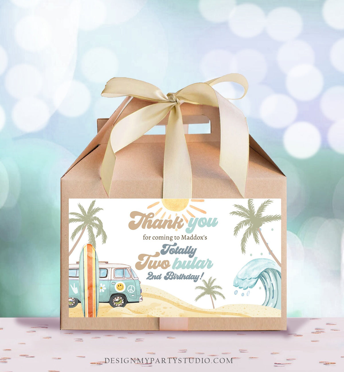 Editable Surf Gable Box Favor Label Surf Birthday Favor Box Label Boy Totally Twobular Retro Surfboard Digital Download Printable Corjl 0433