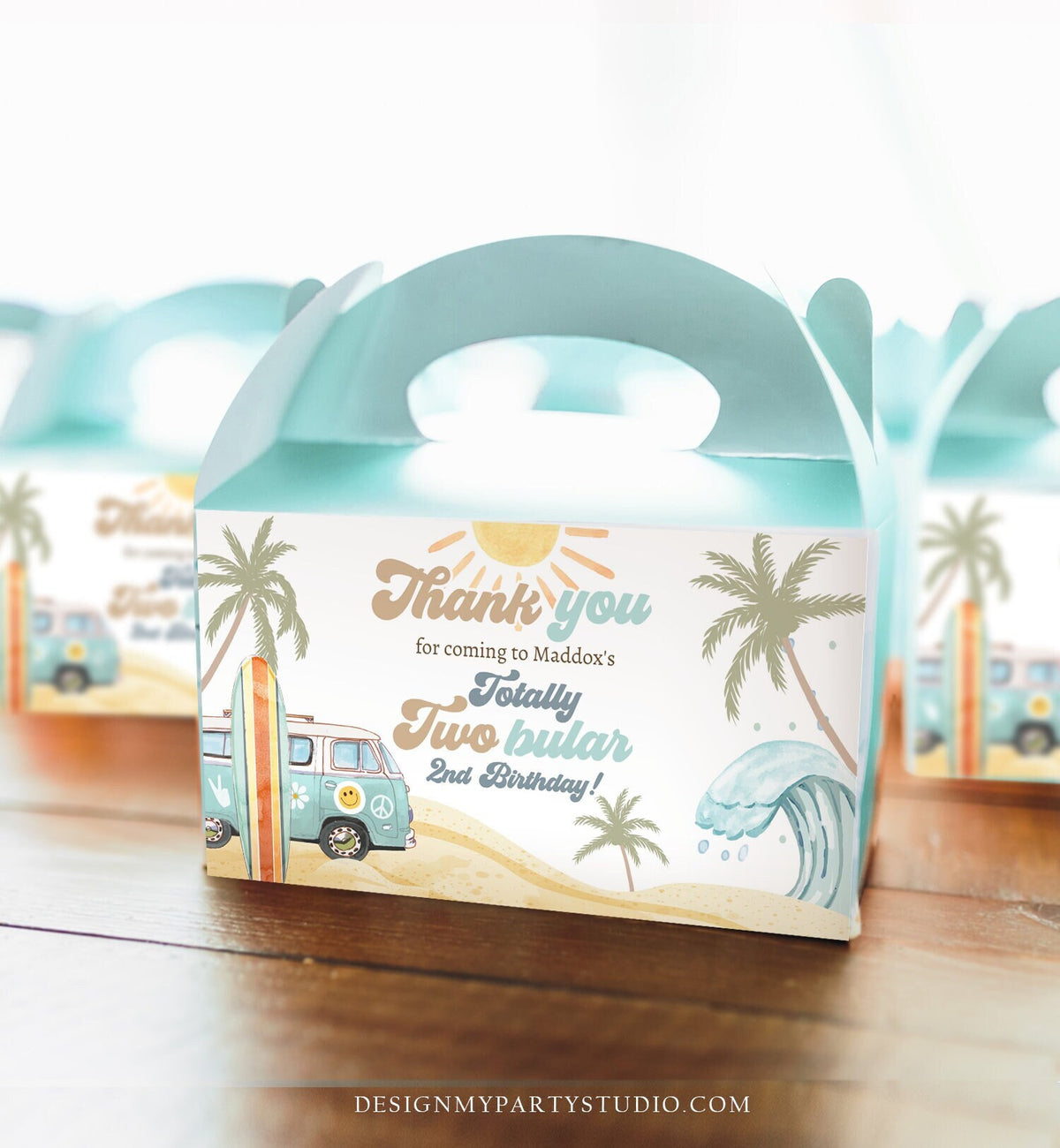 Editable Surf Gable Box Favor Label Surf Birthday Favor Box Label Boy Totally Twobular Retro Surfboard Digital Download Printable Corjl 0433