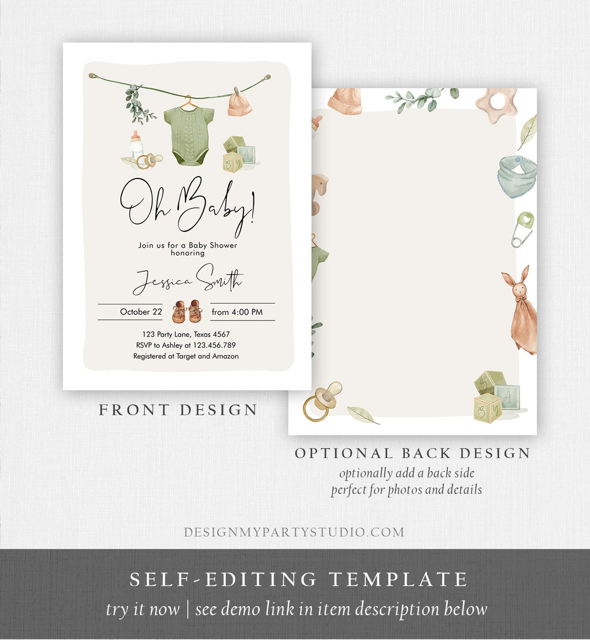 Editable Oh Baby Shower Invitation Boho Baby Shower Invitation Coed Shower Baby Clothes Rustic Boy Download Printable Template Corjl 0470