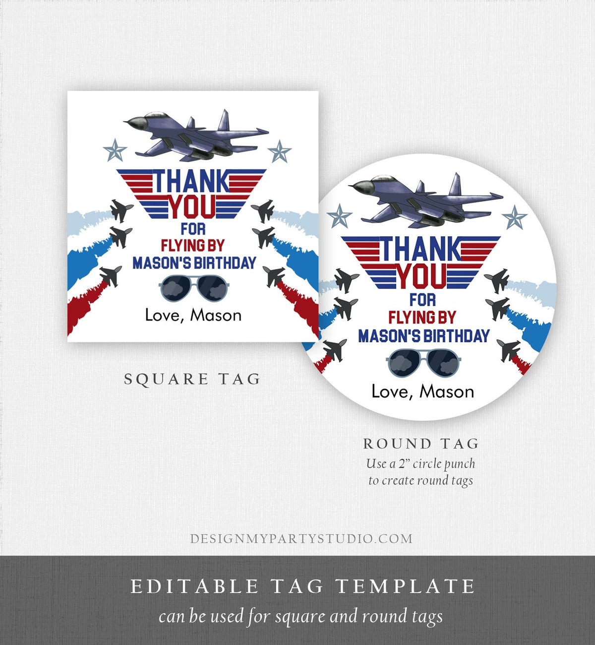 Editable Fighter Pilot Favor Tags Birthday Thank You Tag Fighter Jet Pilot 1st One Boy Military Jet Airplane Sticker Boy Corjl Template 0469