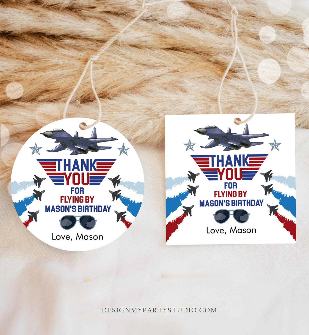 Editable Fighter Pilot Favor Tags Birthday Thank You Tag Fighter Jet Pilot 1st One Boy Military Jet Airplane Sticker Boy Corjl Template 0469