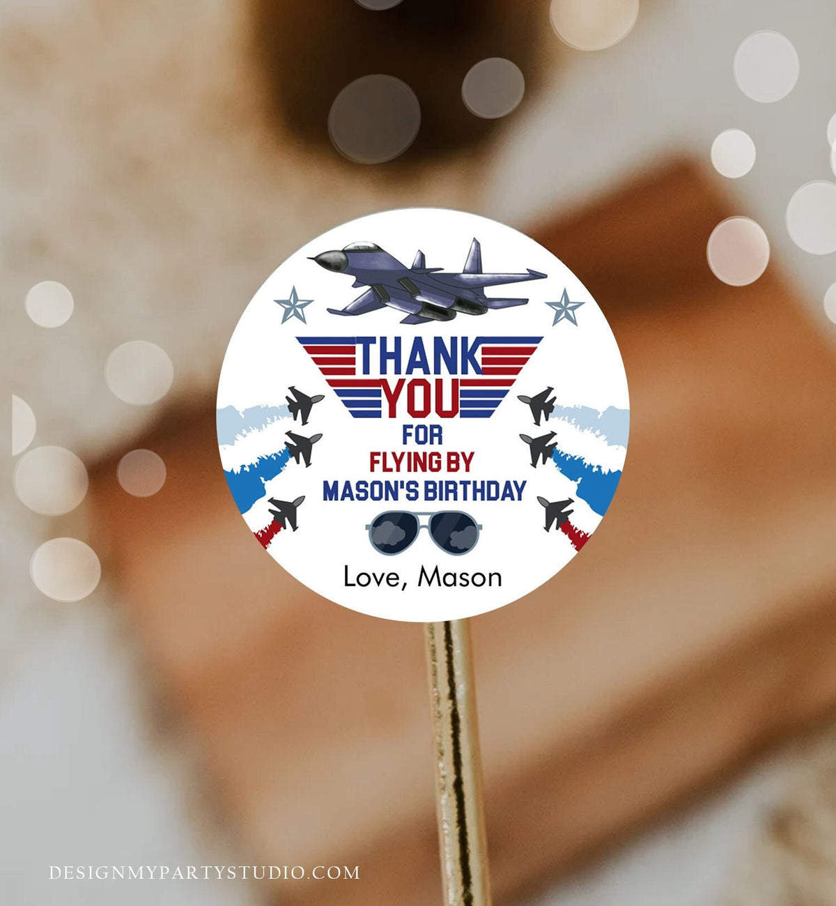 Editable Fighter Pilot Favor Tags Birthday Thank You Tag Fighter Jet Pilot 1st One Boy Military Jet Airplane Sticker Boy Corjl Template 0469