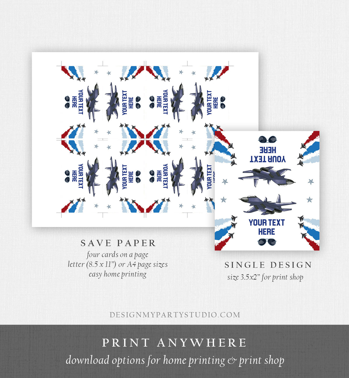 Editable Airplane Food Labels Fighter Pilot Birthday Party Place Card Tent Card Top one Boy Aircraft Military Jet Corjl Template 0469
