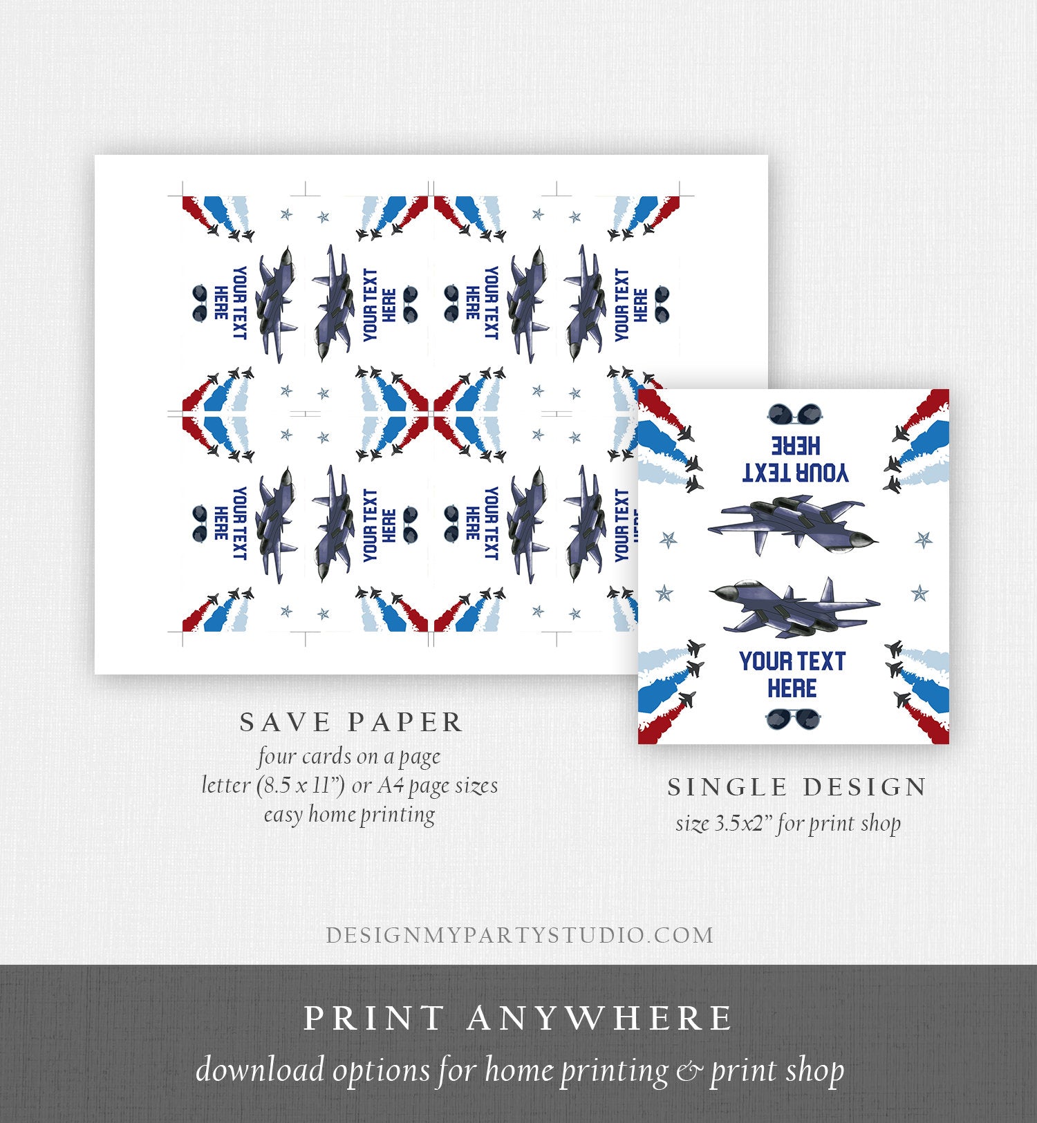 Editable Airplane Food Labels Fighter Pilot Birthday Party Place Card Tent Card Top one Boy Aircraft Military Jet Corjl Template 0469