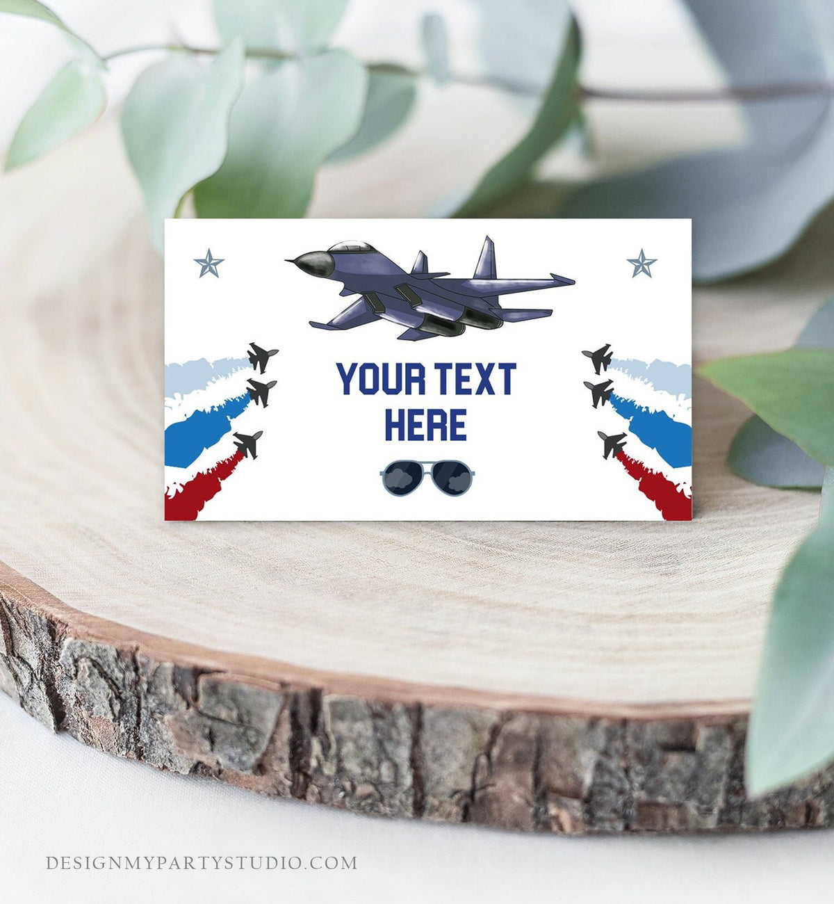 Editable Airplane Food Labels Fighter Pilot Birthday Party Place Card Tent Card Top one Boy Aircraft Military Jet Corjl Template 0469