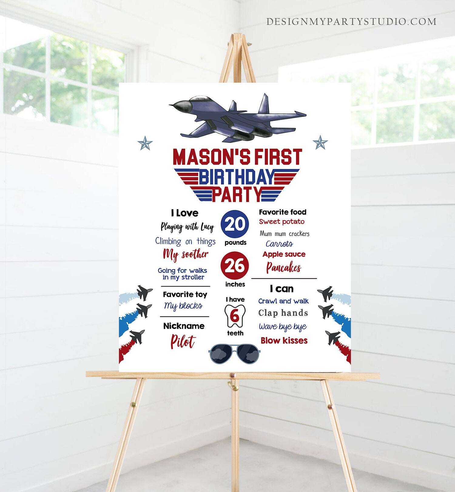 Editable Airplane Birthday Milestones Sign Aircraft Sky First Birthday Boy 1st Fighter Pilot Aviator Jet Template Printable Corjl 0469