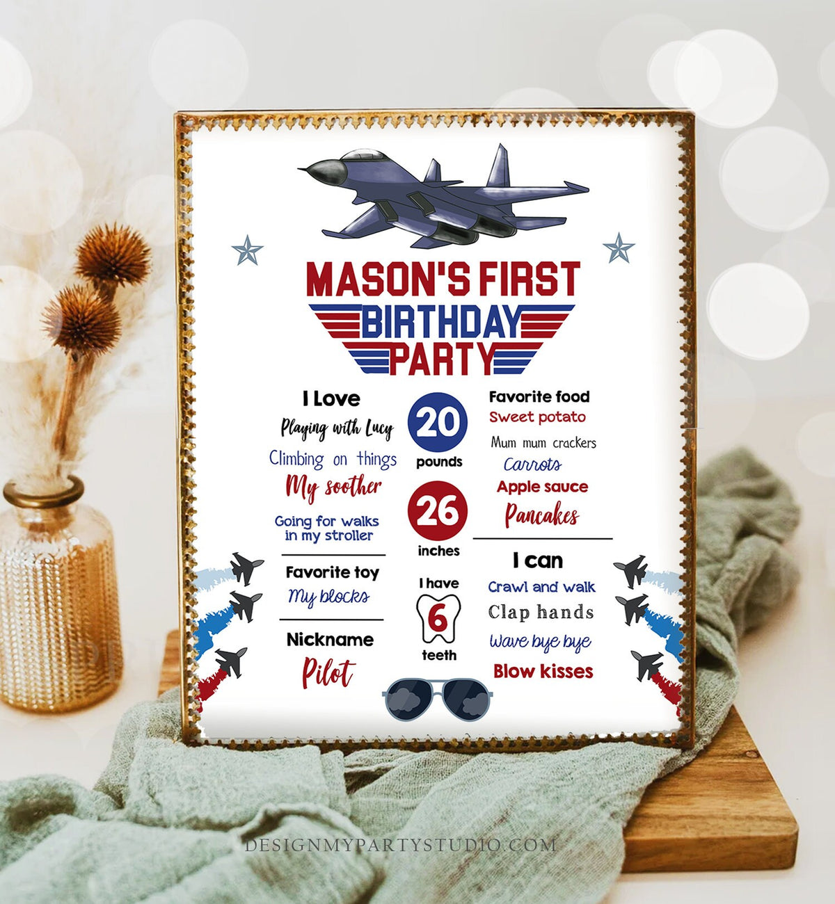 Editable Airplane Birthday Milestones Sign Aircraft Sky First Birthday Boy 1st Fighter Pilot Aviator Jet Template Printable Corjl 0469
