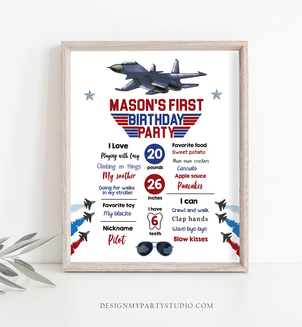 Editable Airplane Birthday Milestones Sign Aircraft Sky First Birthday Boy 1st Fighter Pilot Aviator Jet Template Printable Corjl 0469