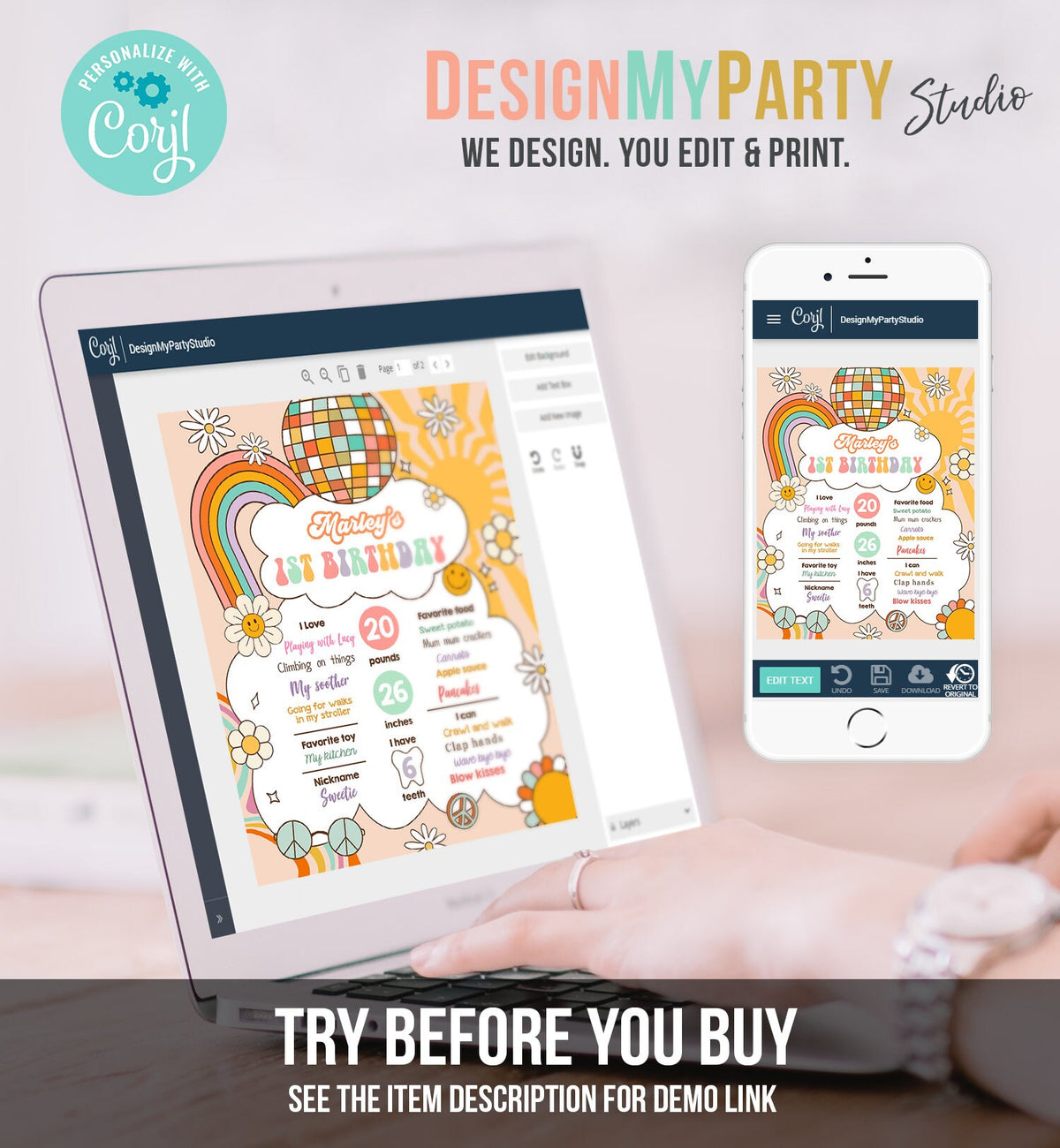 Editable Groovy Birthday Milestones Sign Girl Retro Birthday Rainbow Hippie Flower Power 70's Sun 1st Party Template Printable Corjl 0459