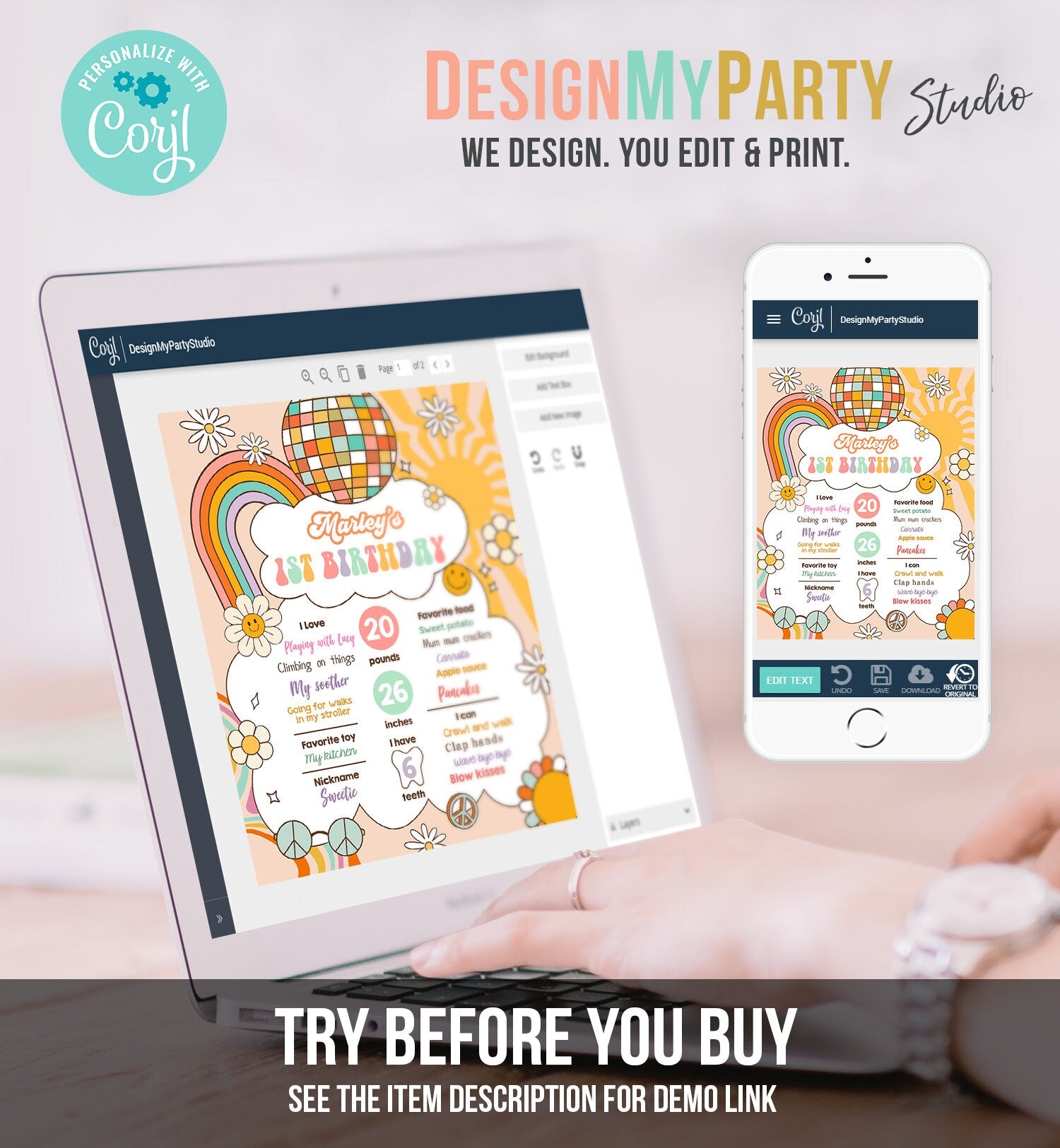 Editable Groovy Birthday Milestones Sign Girl Retro Birthday Rainbow Hippie Flower Power 70's Sun 1st Party Template Printable Corjl 0459