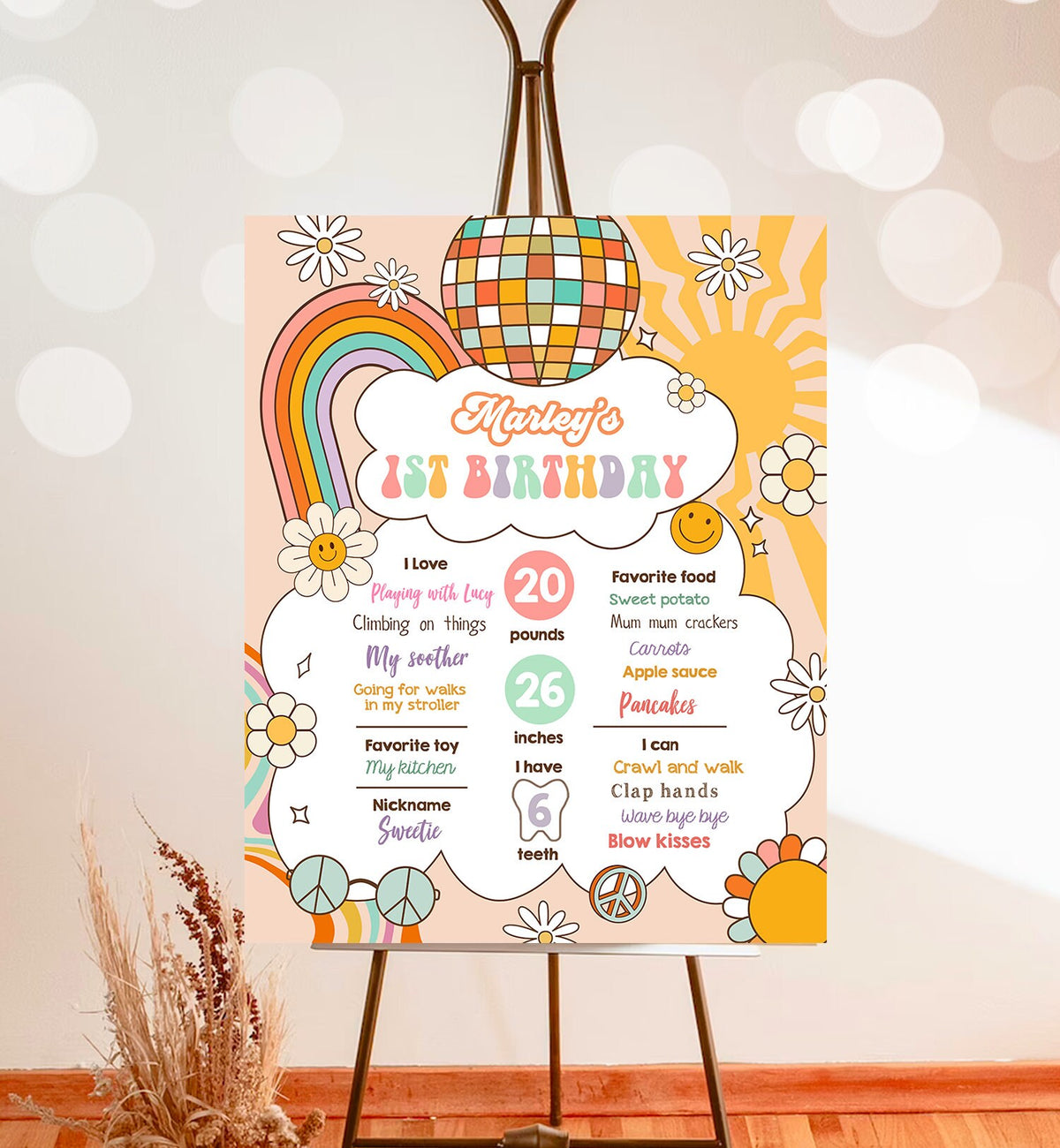 Editable Groovy Birthday Milestones Sign Girl Retro Birthday Rainbow Hippie Flower Power 70's Sun 1st Party Template Printable Corjl 0459