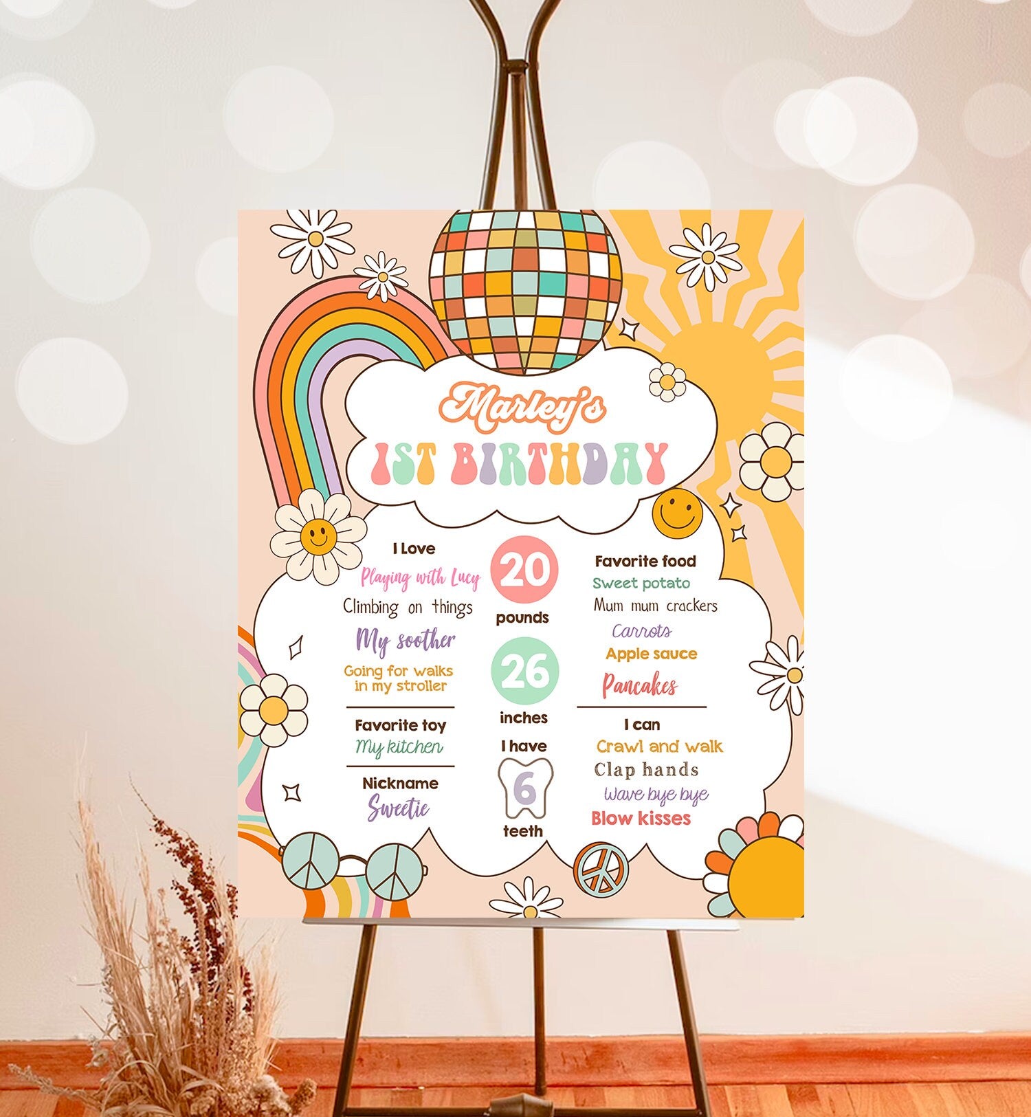 Editable Groovy Birthday Milestones Sign Girl Retro Birthday Rainbow Hippie Flower Power 70's Sun 1st Party Template Printable Corjl 0459